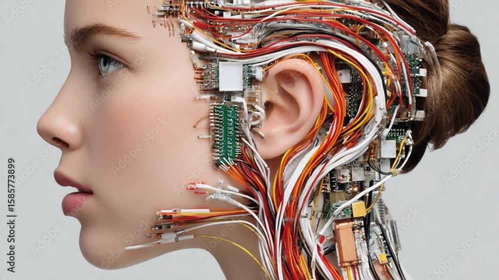 Aufkleber technological transformation: a mesmerizing portrait of a woman whose face is subtly interwoven with