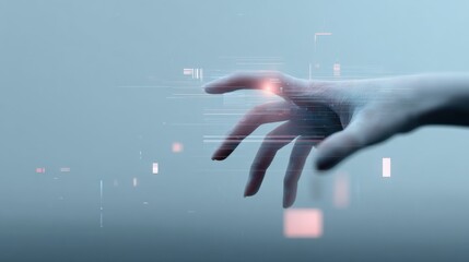 Futuristic Hand Touching Holographic Interface with Data Streams and Virtual Elements in a Modern Technology Concept Scene