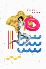 Pop banner trendy vertical photo collage of happy sexy girl jump sea swim lifebuoy resort sand...