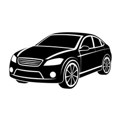 Illustration of a black sedan car with detailed wheels and headlights