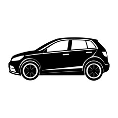 Side view of a black hatchback car with detailed wheels and headlights