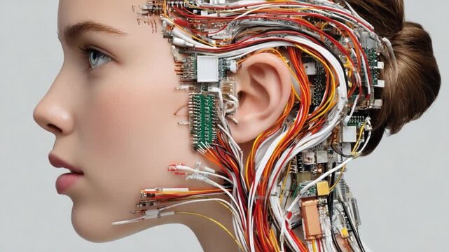 Technological Transformation: A mesmerizing portrait of a woman whose face is subtly interwoven with intricate circuitry, representing the fusion of humanity and advanced technology.