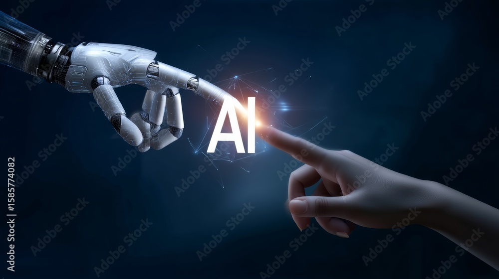 Poster robot hand is touching a hand with the letters ai above it. concept of artificial intelligence and t