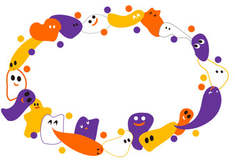 おばけたちの円形フレーム白背景・かわいい、カラフルおばけたち・ハロウィン配色