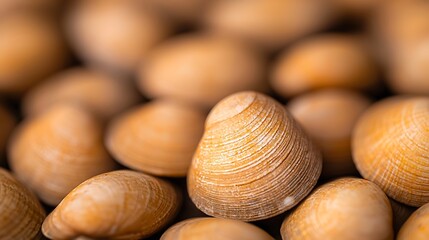 Close up of many small light brown seashells with textured patterns