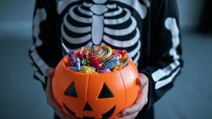 Child in skeleton costume holding halloween pumpkin bucket full of candy and sweets - Powered by Adobe