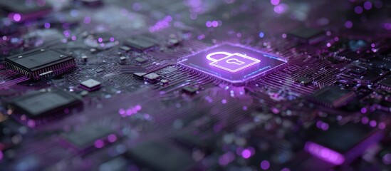 Circuit board with glowing security lock symbol