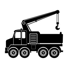 Illustration of a black crane truck with six wheels and a hook lift arm