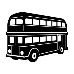 Illustration of a black and white double decker bus with many windows