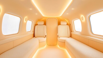 Luxurious private jet interior with warm ambient lighting and plush seating
