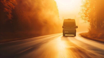 Truck driving on a misty road during a golden sunrise