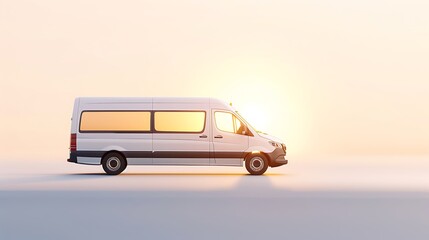 White cargo van driving towards a bright sunset