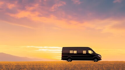 Black van driving towards a vibrant sunset on a rural road