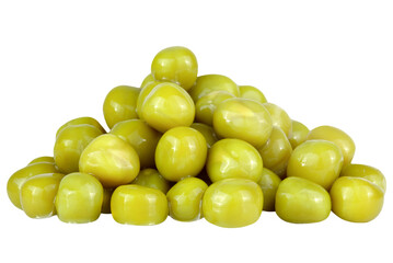 Heap of canned green peas isolated on on transparent background, real photo for food design.