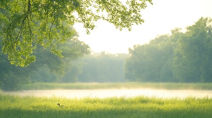 Misty morning sunlight through lush green trees over a field
