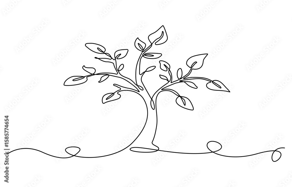 Poster continuous one line drawing of tree with the roots. big tree for green nature concept in single line