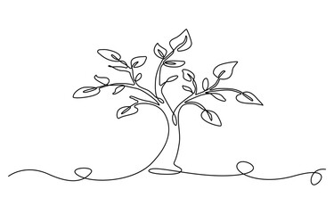Continuous one line drawing of tree with the roots. Big Tree for green nature concept in single line draw illustration. Editable stroke.