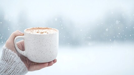 Cozy hot chocolate mug held against snowy winter window