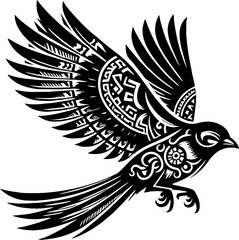 Mexican-Style Sparrow Silhouette in Flight with Aztec Feather Patterns