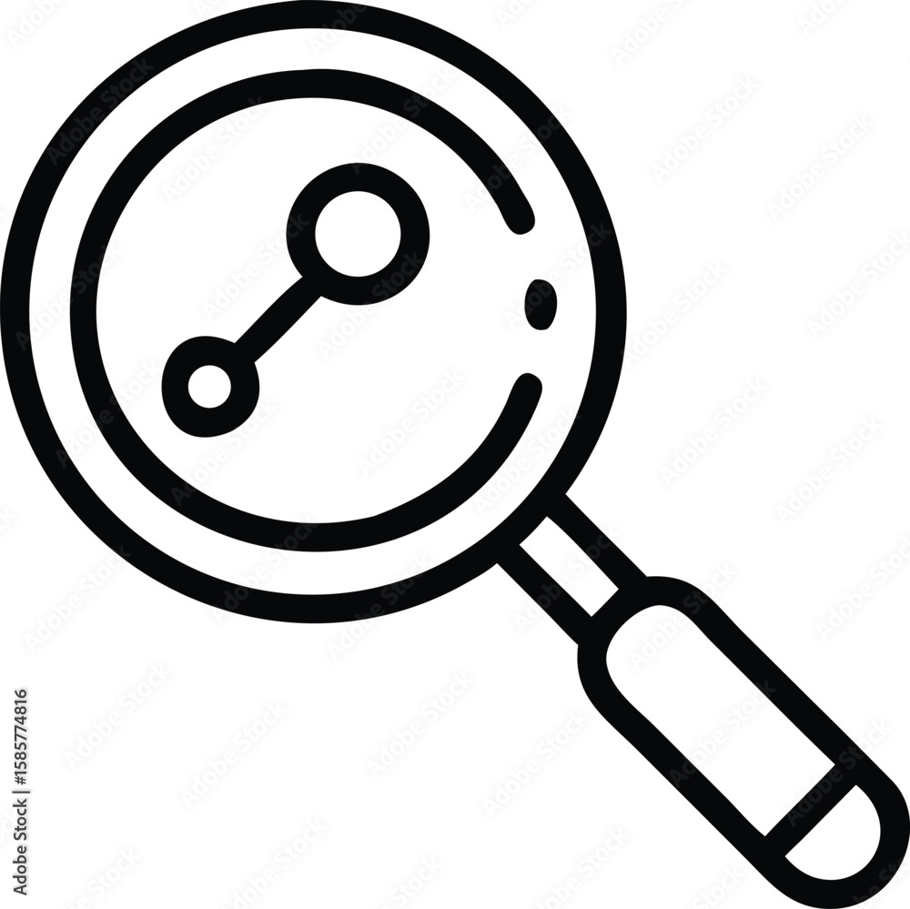 Poster molecule inside a magnifying glass icon in simple outline style for science projects
