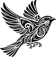 Mexican-Style Sparrow Silhouette in Flight with Aztec Feather Patterns
