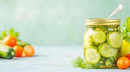 Jar of pickled cucumbers with fresh vegetables on a table