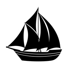 Silhouette of a sailing ship with multiple sails on a white background