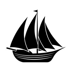 Silhouette of a sailboat with three sails and a small flag on the mast