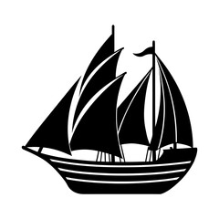 Silhouette of a sailing ship with multiple sails and striped hull design