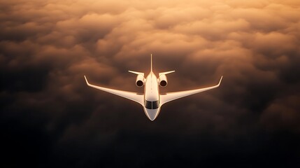 White private jet soars above dramatic golden clouds at sunset