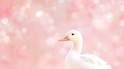 Adorable white duckling with soft pink bokeh background