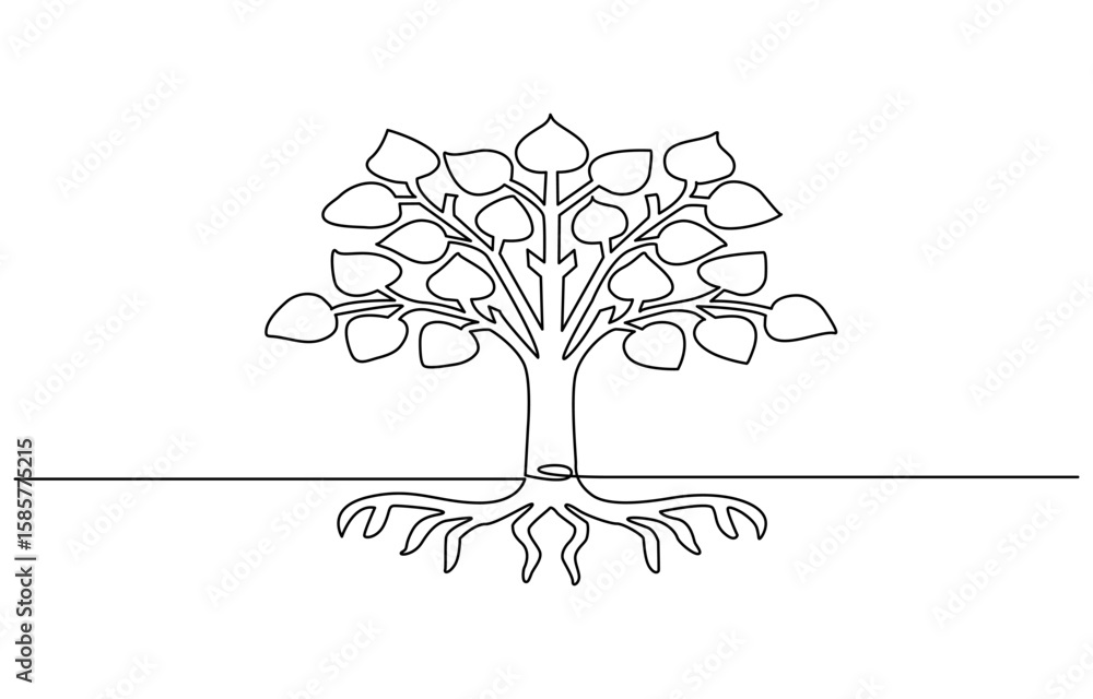 Poster continuous one line drawing of tree with the roots. big tree for green nature concept in single line