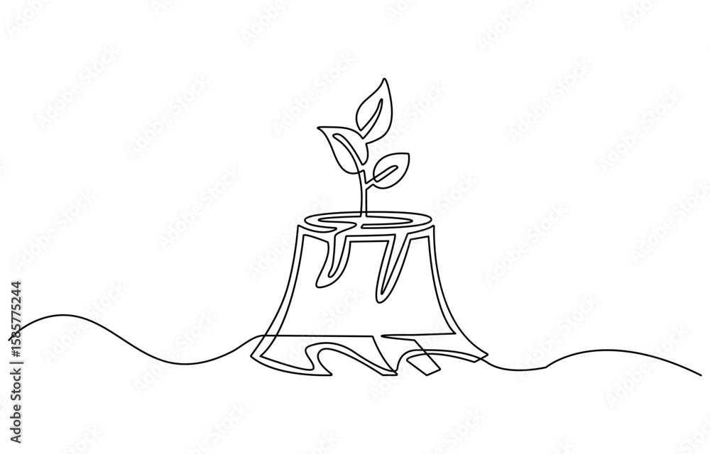 Poster continuous one line drawing of tree with the roots. big tree for green nature concept in single line