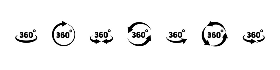360 degree view. Full 360 view tour. Camera rotation icon vector set. Full round rotation of camera icons.