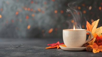 Cozy autumn evening with steaming candle in a mug and fall leaves
