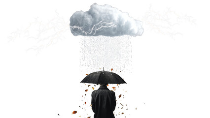 Man in a coat holds an umbrella as rain falls, created with AI, PNG