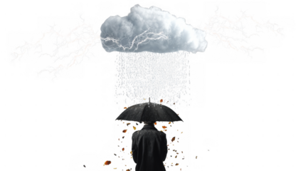 Man in a coat holds an umbrella as rain falls, created with AI, PNG