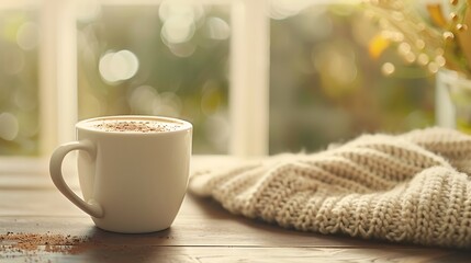 Cozy warm beverage by the window with soft blanket on a sunny day