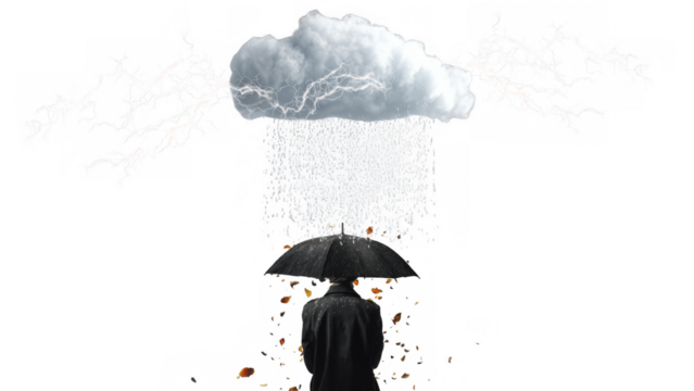 Man in a coat holds an umbrella as rain falls, created with AI, PNG