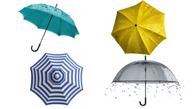 Colorful umbrellas under rain droplets, created with AI, PNG