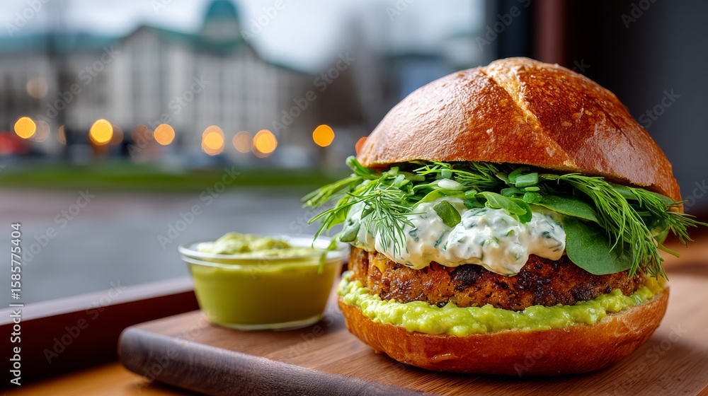 Poster burger with a side of guacamole sits on a wooden table. the burger is topped with greens and has a b