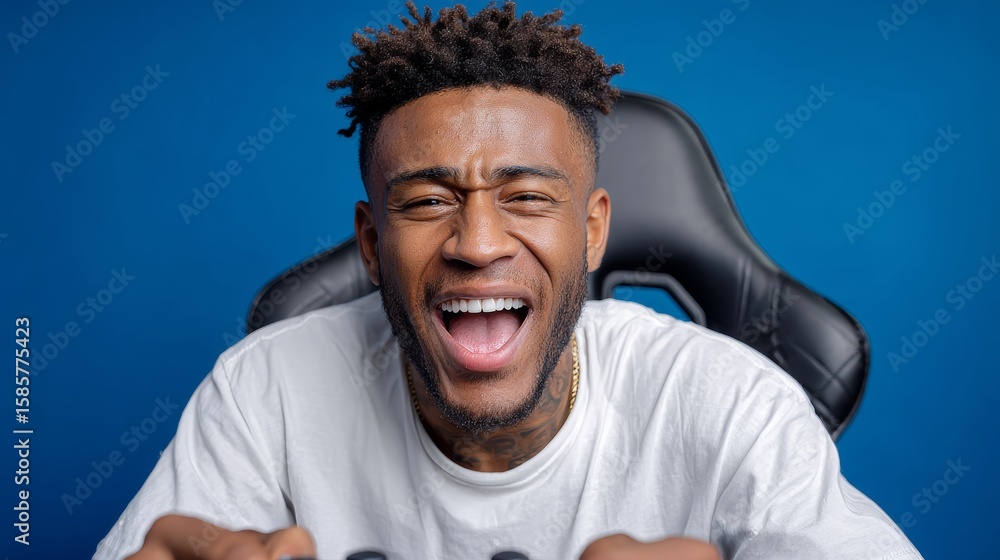 Poster man with dreadlocks is smiling and laughing while playing a video game. the chair behind him is blac