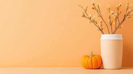 Cozy autumn still life with pumpkin and dried flowers in a vase