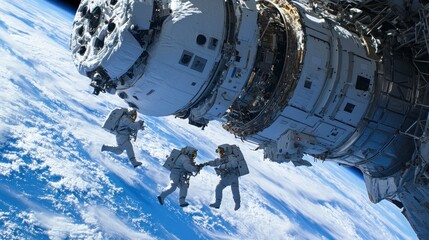 Astronauts in space suit working on the space station