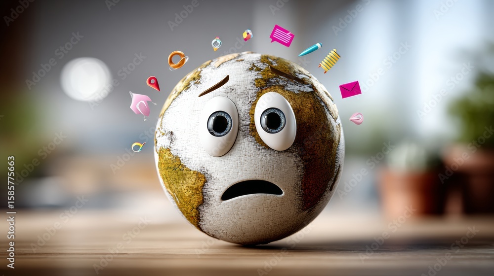Poster cartoonish face with a globe on its forehead. the globe is surrounded by various objects such as a c