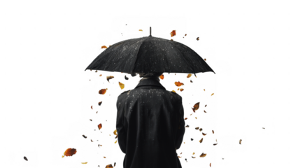 Person with black umbrella in rain, created with AI, PNG