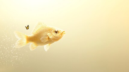 Golden fish swimming towards a tiny butterfly in soft golden light
