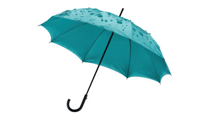 Teal umbrella with water droplets, created with AI, PNG
