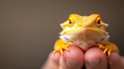 Close up of a bright orange bearded dragon held in a person s hands