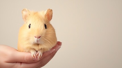 Adorable ginger guinea pig held gently in a human hand against a soft background